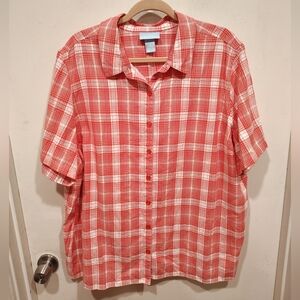 Liz & Me Pink Plaid Short Sleeve Button Down Shirt 2X Casual Work Wear Classic